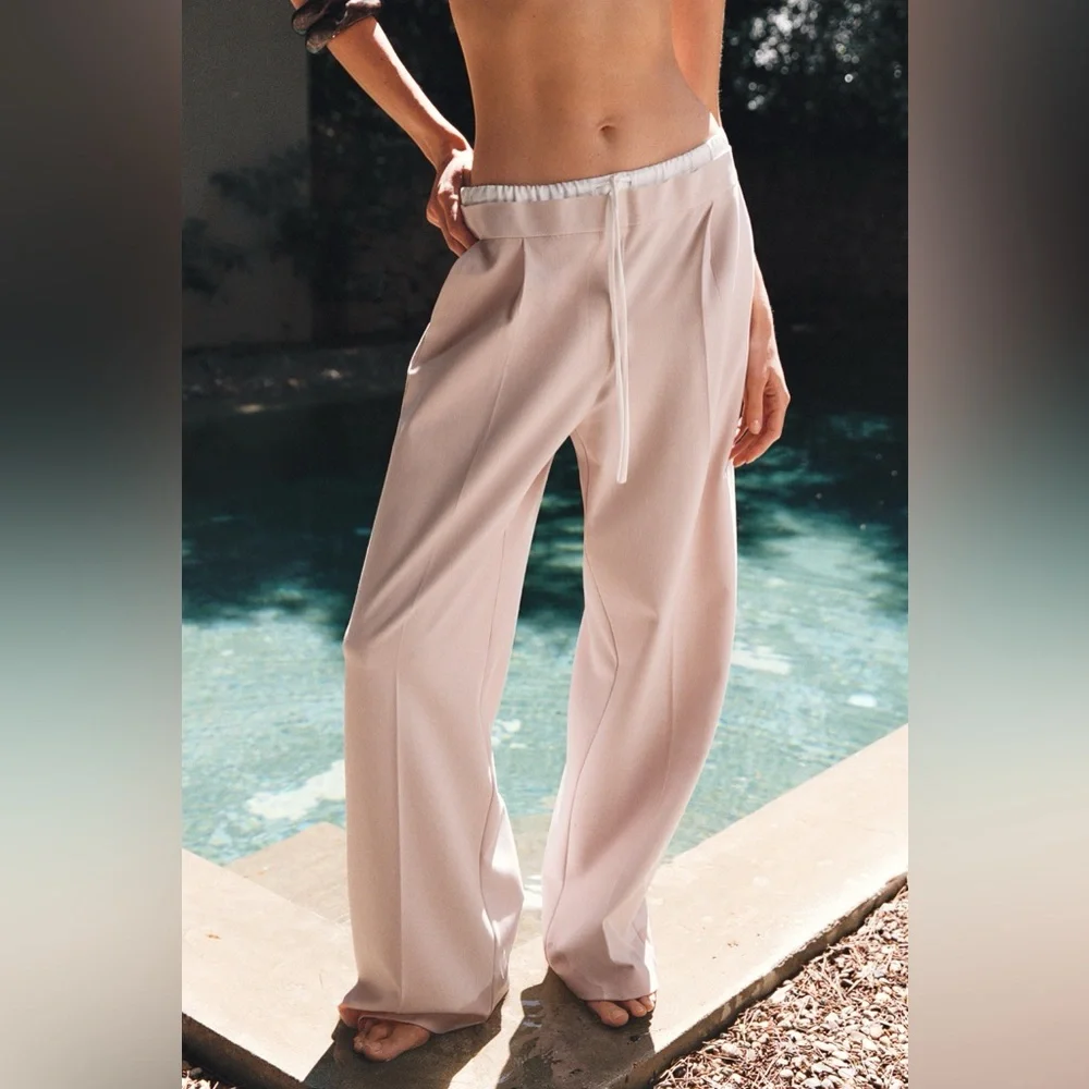 Zara DOUBLE WAIST WIDE LEG PANTS - Picture 6 of 13